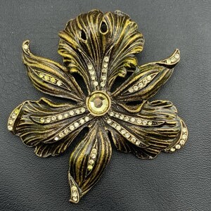 Vintage Large Enameled Orchid Flower Brooch Pin or Pendant Sparkling Rhinestones