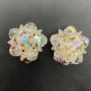 Vintage AB Aurora Borealis Crystal Cluster Clip On Earrings