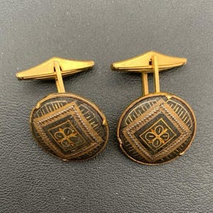 Vintage Damaszener Schwarz Und Gold Ton Runde Manschettenknöpfe