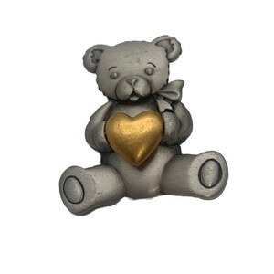 Vintage JJ Jonette Signed Pewter Teddy Bear w Brushed Goldtone Heart Brooch