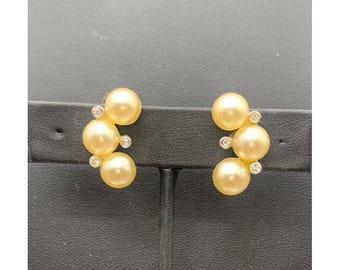Vintage Marvella Faux Pearl And Clear Rhinestone Clip On Earrings Signed