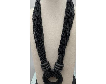 Black Glass Seed Bead Multi 20 Strand Necklace Tribal Ethnic 25" Vintage