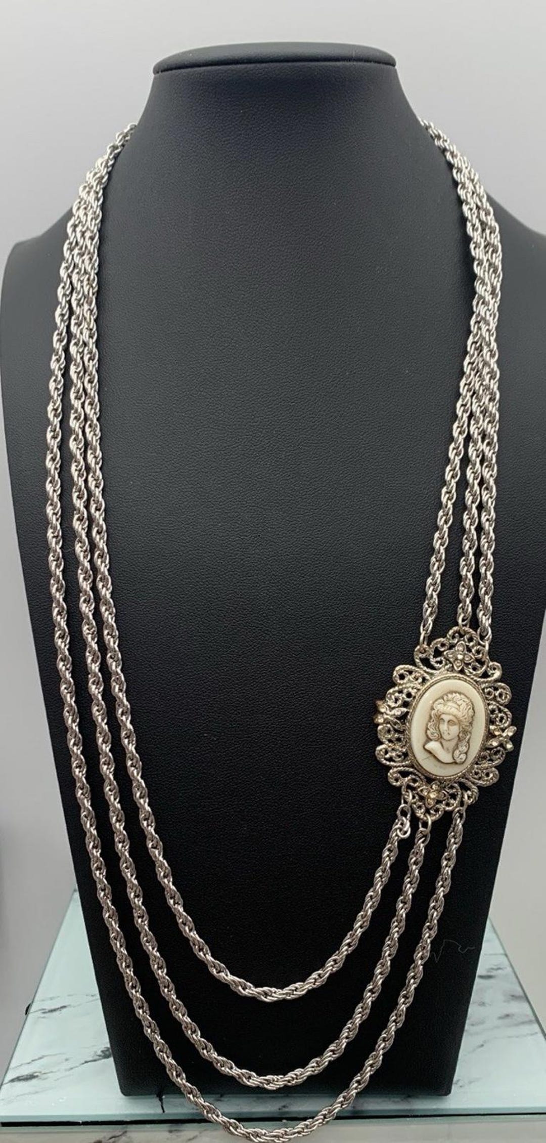 Vintage Stunning Multi Layer Carved Cameo Side Pendant Necklace Silver ...