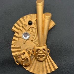 Vintage Gold Tone Theater Drama Mask Comedy Tragedy Large Brooch Rhinestones
