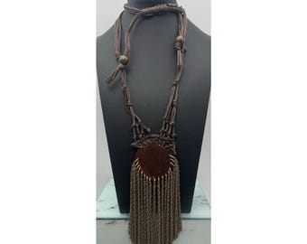 Multi Corded Wood Pendant Necklace With Multiple Chain Link Fringe Boho Beauty