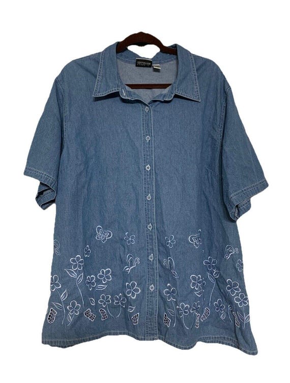 トップス vintage77 Vintage Club Z Collection Denim Floral Butterfly Embroidered