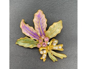 Vintage Gold Tone Enamel And Rhinestone Leaves / Bow Brooch