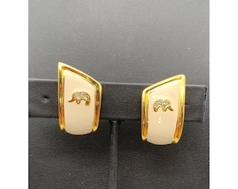 Vintage Gold Tone And Cream Enamel Rhinestone Elephant Clip On Earrmgs
