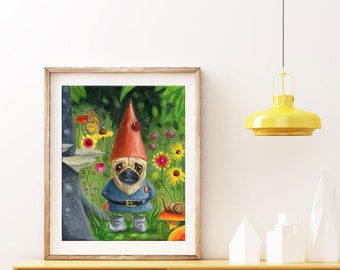 Pug gift, Pug art print, Gnome art  by Brian Rubenacker, pug gnome dog art