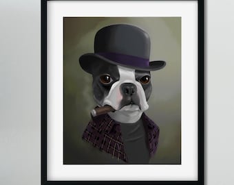 Boston Terrier gift, The Bowler Hat - Boston Terrier Art, Print by Brian Rubenacker, boston terrier wall art print