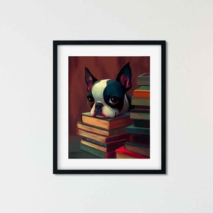 Boston Terrier books gift, boston terrier library dog art print, books print wall decor boston terrier art, study wall decor