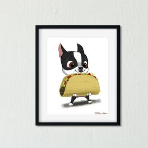 Boston terrier girt, boston terrier art, dog art print, Boston terrier wall art PRINT, Boston terrier decor, boston terrier holding taco