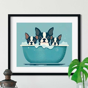 Boston Bath Time, Boston Terrier gifts, Boston Terrier lovers, boston terrier art print, wall decor