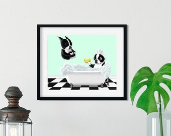 Boston Bath Time, Boston Terrier gifts, Boston Terrier lovers, boston terrier art print, wall decor