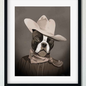 Boston Terrier gift, old west Boston Terrier Art, Print by Brian Rubenacker, boston terrier wall art print, boston terrier cowboy