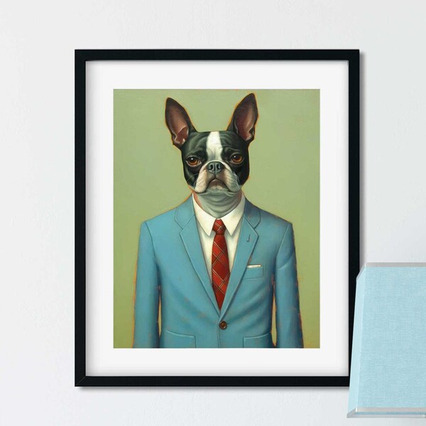 American Gentleman - Boston Terrier Art Print, boston terrier gift, boston terrier wall art home decor, boston wearing a suit jacket
