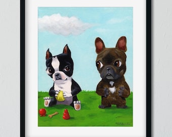 Boston Terrier Hogging All the Toys From a French Bulldog, dog art print, boston terrier gift, frenchie gift, french bulldog gift, dog breed