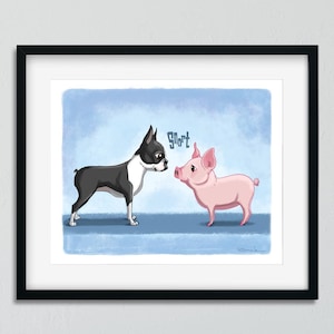May include: A black and white Boston Terrier dog looking at a pink pig with the word "Snort" above them. The animals are on a blue background.