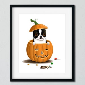 Boston Terrier Pumpkin dog art print, boston terrier gift, Halloween print, boston terrier whimsical wall decor