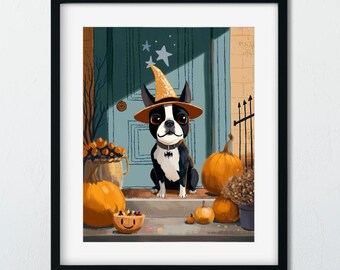 Boston Terrier Witch, Boston Terrier art, Boston Terrier gift, Dog art print, by Brian Rubenacker, Halloween decor, halloween art
