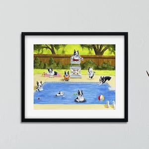 Boston Terrier Pool Party art print wall decor, boston terrier gift, boston terrier wall decor pool house art print
