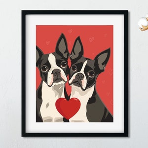 Boston Terrier Hearts gift, boston terrier valentine dog art print, love print wall decor boston terrier art, folk art