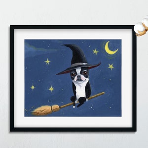 Boston Terrier Witch, Boston Terrier art, Boston Terrier gift, Dog art print, by Brian Rubenacker, Halloween decor, halloween art