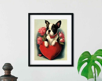 Regalo de Boston Terrier Hearts, impresión de arte de perro de San Valentín de boston terrier, decoración de pared con estampado de amor arte de boston terrier