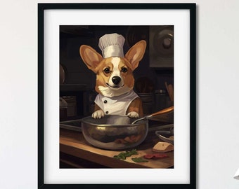 Corgi gift, Welsh Corgi Print, Corgi wall art print dog art, wall decor, corgi art, corgi lover, corgi fun art style, corgi chef kitchen art