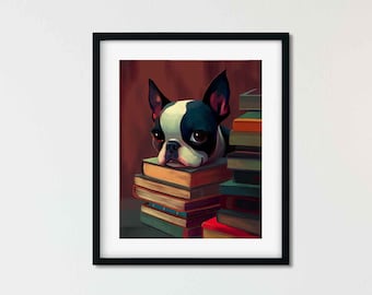 Boston Terrier books gift, boston terrier library dog art print, books print wall decor boston terrier art, study wall decor