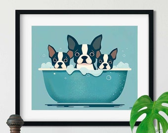 Boston Bath Time, Boston Terrier gifts, Boston Terrier lovers, boston terrier art print, wall decor