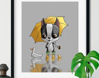 Boston terreir with ducks, Boston Terrier gifts, Boston Terrier lovers, boston terrier art print, wall decor, laundry room art print,red bt
