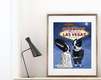Boston Terrier art print Frank'n Terrier and his Bride, Boston terrier gift, Boston terrier art, Wedding art, Movie Monster, Frankenstein