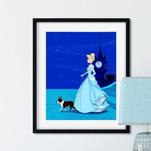 Cinderella walking a Boston terrier, boston terrier art, boston terrier gift, dog walker gift, cinderella gift