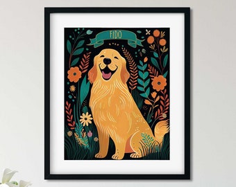 May include: A framed illustration of a golden retriever dog sitting in a field of flowers. The dog is smiling and the text "FIDO" is above the dog.
