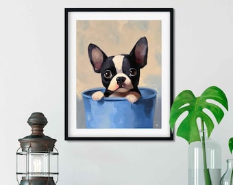 Boston Terrier, Oil Painting on linen Panel,Hand Painted Dog Art, boston terrier original art,boston terrier gift, framed oil painting,puppy