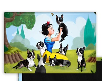 Boston terrier gift, Boston Terrier dog art Snow white and the seven bostons magnet, boston terrier fairytale art, wall art decor