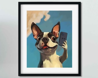 Boston terrier gift, boston terrier art print Boston Terrier, Boston terrier selfie, Boston terrier art, Boston terrier taking a selfie