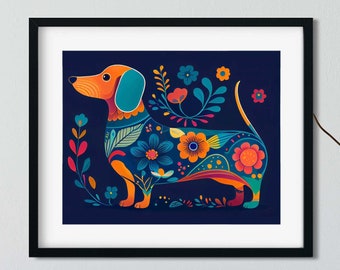 Dachshund gift, dog folk art flowers Dachshund Dog Art wall decor, Dachshund wall art print, dachshund folk art wall print