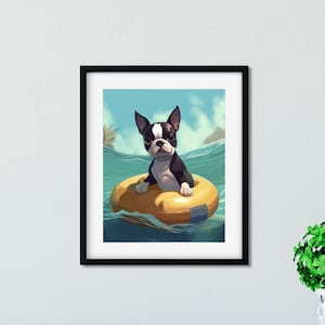 Boston Terrier gift, fun in the water art print wall decor, boston terrier inner tube, boston terrier beach fun