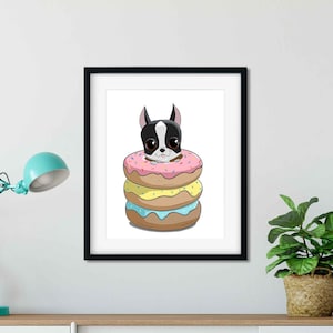 Boston terrier girt, boston terrier art, dog art print, Boston terrier wall art PRINT, Boston terrier decor, boston terrier donuts