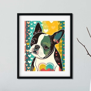 Boston Terrier Hearts gift, boston terrier valentine dog art print, love print wall decor boston terrier art, folk art