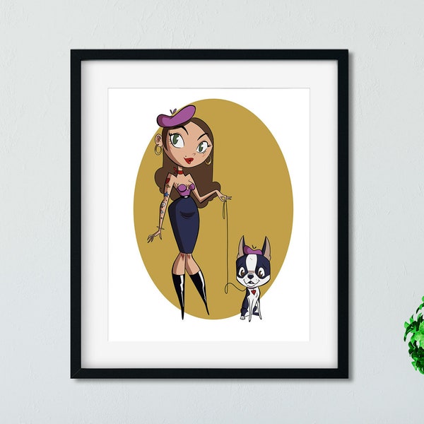 fashion girl with a boston terrier,boston terrier art,boston terrier gift, dog walker gift,girl gift, modern design, illustration