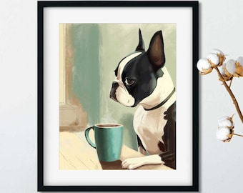 Boston Terrier gift, boston terrier blue dog art print, print wall decor boston terrier art, study wall decor, boston terrier coffee art