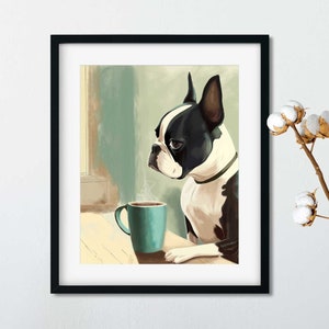 Boston Terrier gift, boston terrier blue dog art print, print wall decor boston terrier art, study wall decor, boston terrier coffee art
