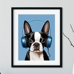 Boston Terrier gift, Boston Beats Colorful Boston Terrier with Headphones - Art Print boston terrier wall decor art print