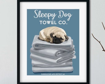 Pug Bath Towel, pug gifts, pug lovers, pug art print, wall decor, laundry room art print