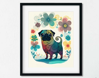 Pug gift, Pug art, pug print, pug wall decor, Cute Pug Dog Art Print,pug folk art, pug wall art print, colorful