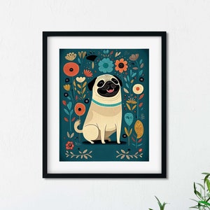 Pug gift, Pug art, pug print, pug wall decor, Cute Pug Dog Art Print,pug folk art, pug wall art print, colorful