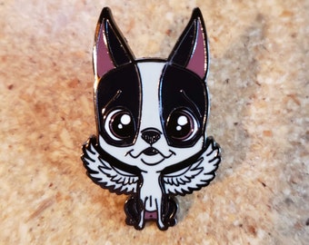 Boston terrier gift, boston terrier pin, boston terrier lapel pin, cute dog pin, boston terrier sleeping, hard enamel pin guardian angel